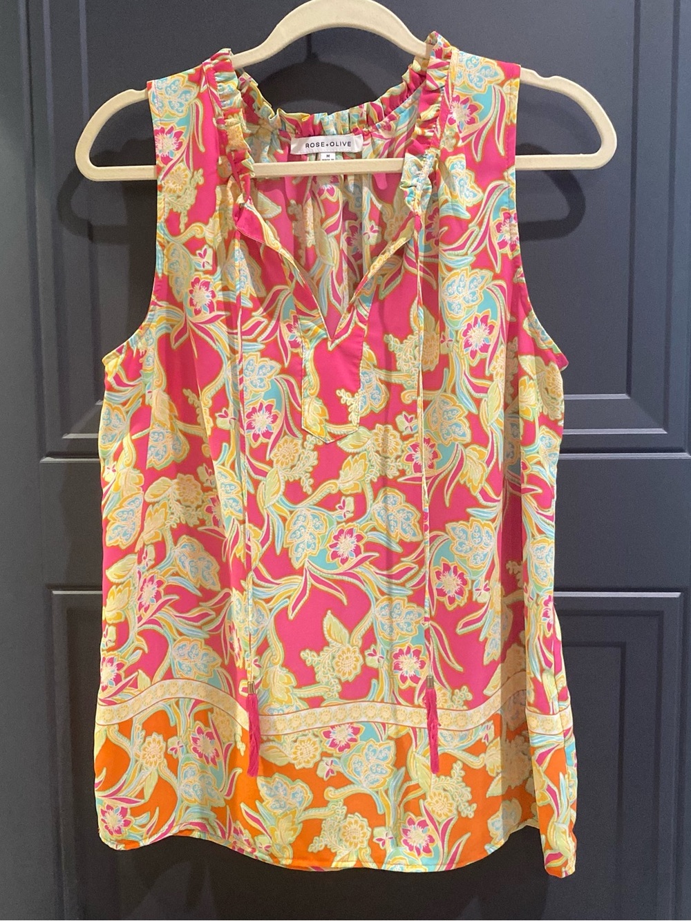 Rose & Olive Women’s Pink and Orange Floral Ruffle Tie Neck Sleeveless Top